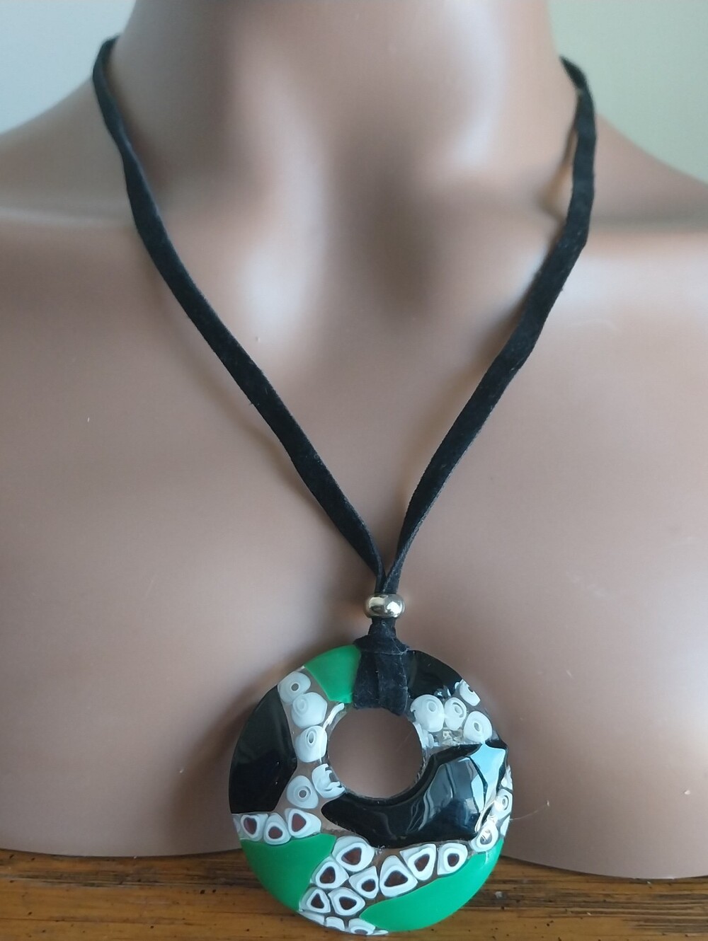 Murano Black and Green Glass Donut Pendant Necklace